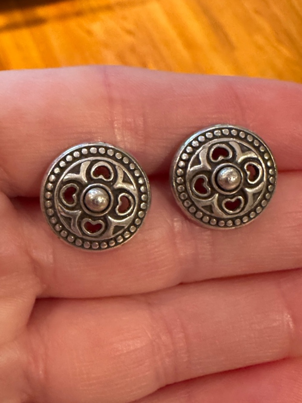 Brighton Silver-Tone Round Heart Motif Stud Earrings with Red Accents